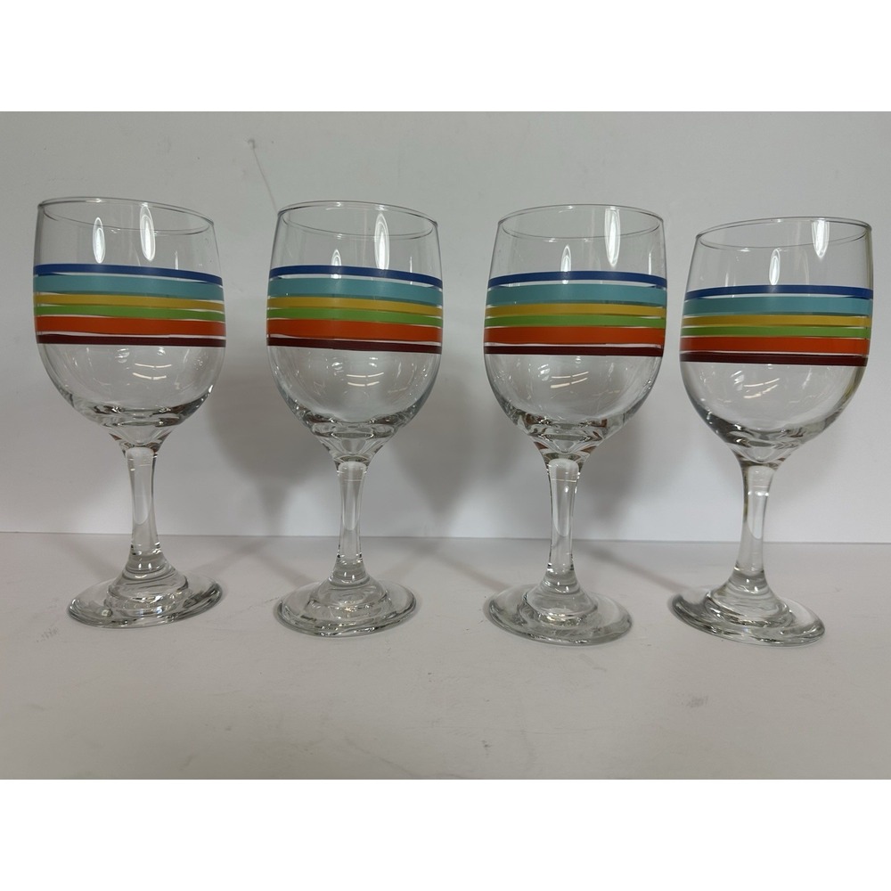 Libbey Mambo Fiesta Striped Wine Glasses ~7" Set Of 4 Colorful Vintage 70s/80s